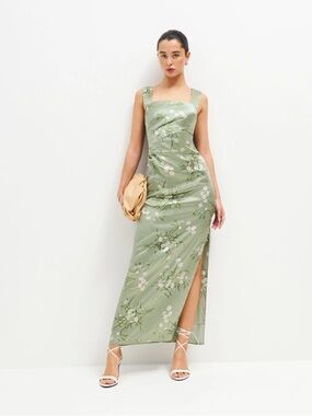 Reformation Earl Bonita Sage Green Floral Silk Maxi Dress